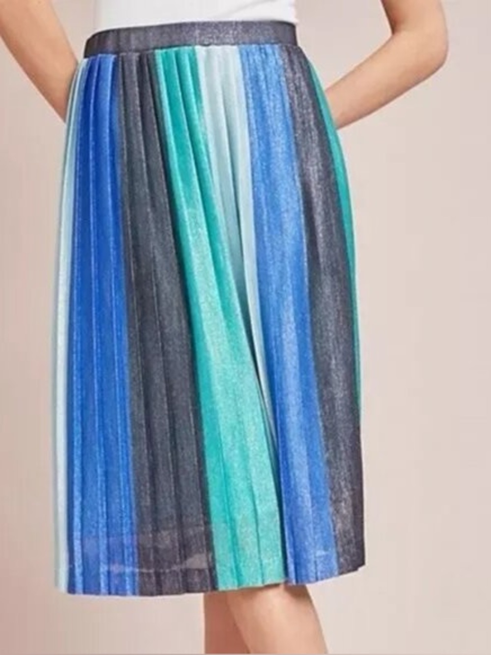 Anthropologie Maeve Sunburst Pleated Accordion Metallica Blue Midi Skirt Small